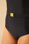 Black Belted Swimsuit Front Closeup
