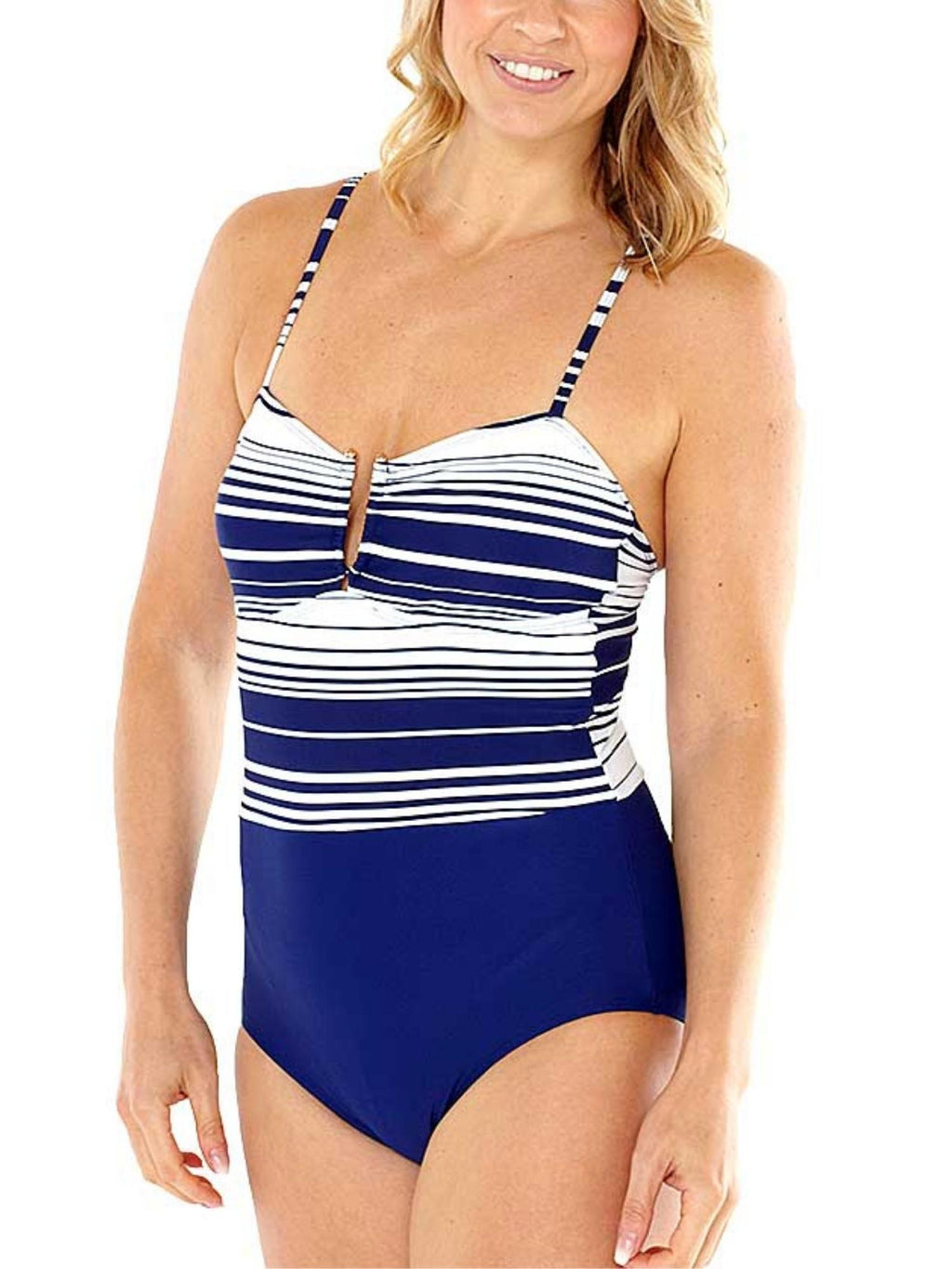 Navy & White Stripe Bandeau U Shape Swimsuit Closeup