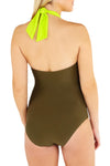 Khaki & Fluorescent Green Twist Front Swimsuit