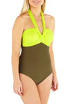 Khaki & Fluorescent Green Twist Front Swimsuit