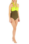 Khaki & Fluorescent Green Twist Front Swimsuit