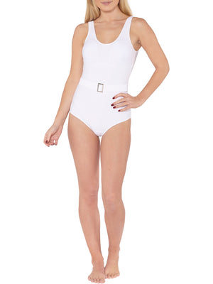 White Belted Swimsuit Overview