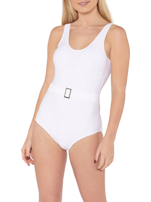 White Belted Swimsuit Front View