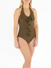 Khaki Green Waterfall Frill Front Swimsuit Front