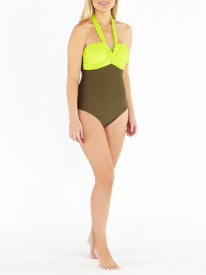 Khaki & Fluorescent Green Twist Front Swimsuit Front