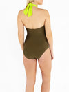 Khaki & Fluorescent Green Twist Front Swimsuit Back