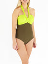 Khaki & Fluorescent Green Twist Front Swimsuit Closeup