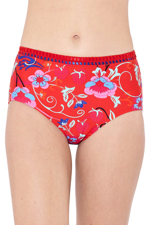 Blanket Stitch Red High Waist Brief Bikini Bottoms Closeup