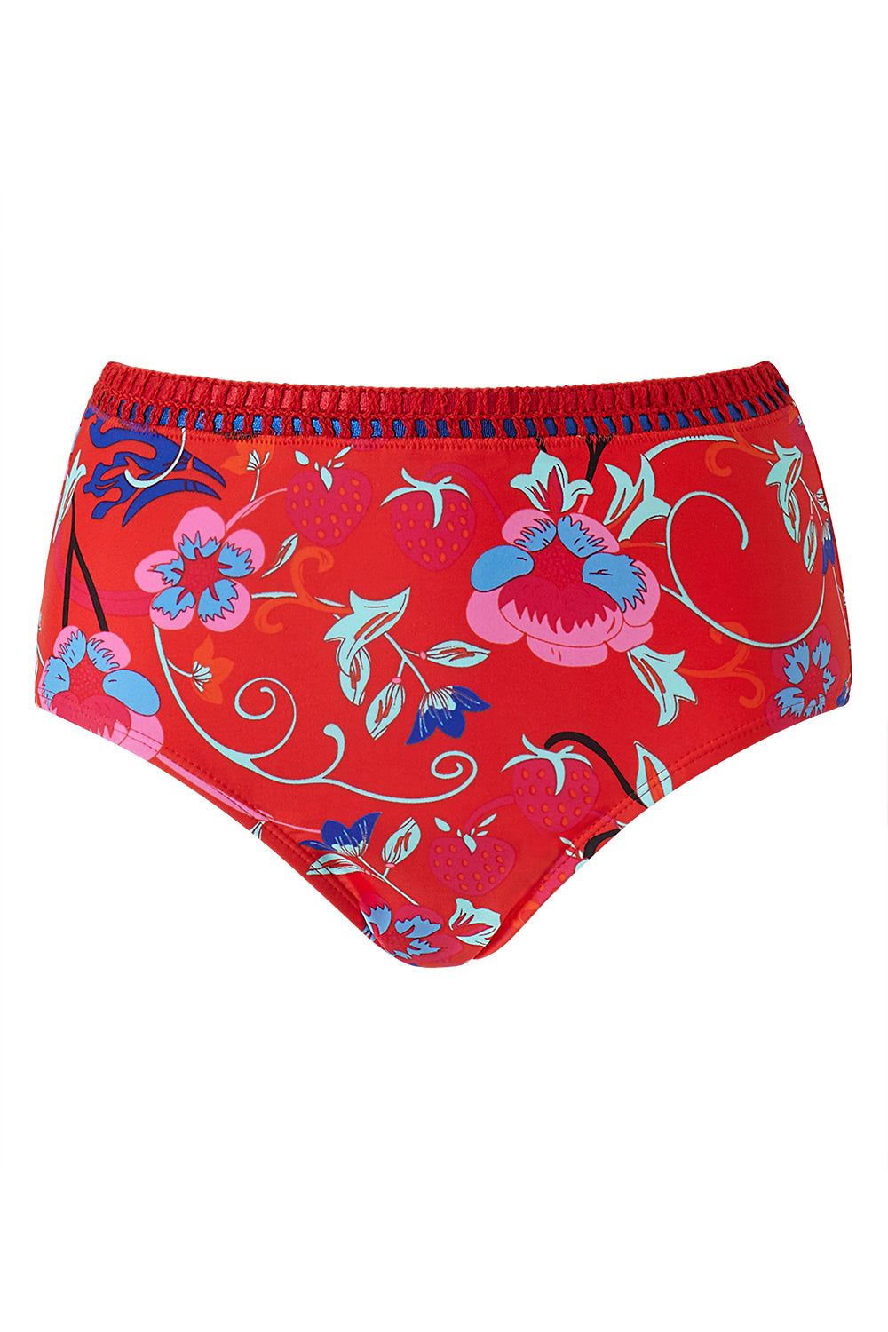 Blanket Stitch Red High Waist Brief Bikini Bottoms