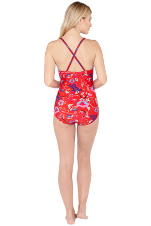 Blanket Stitch Red Pattern Cross Back Swimsuit Rear