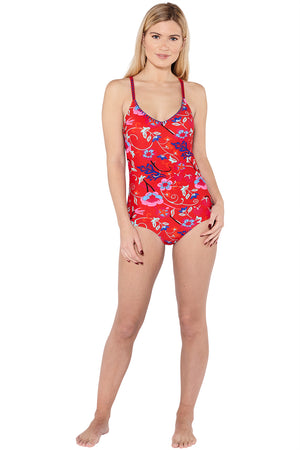 Blanket Stitch Red Pattern Cross Back Swimsuit Front