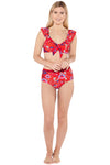 Red Bardot Frill Bikini Top and Bottoms Set