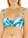 Aqua Tropical Leaf Print Underwire Crossover Bikini Top Front