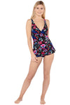 Black Pattern Skirted Swimsuit One Piece Front