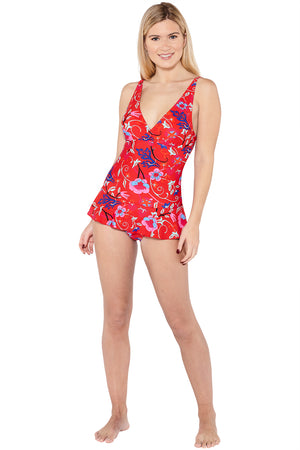 Red Pattern Skirted Swimsuit One Piece Front