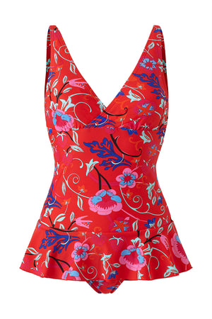 Red Pattern Skirted Swimsuit One Piece Front Closeup