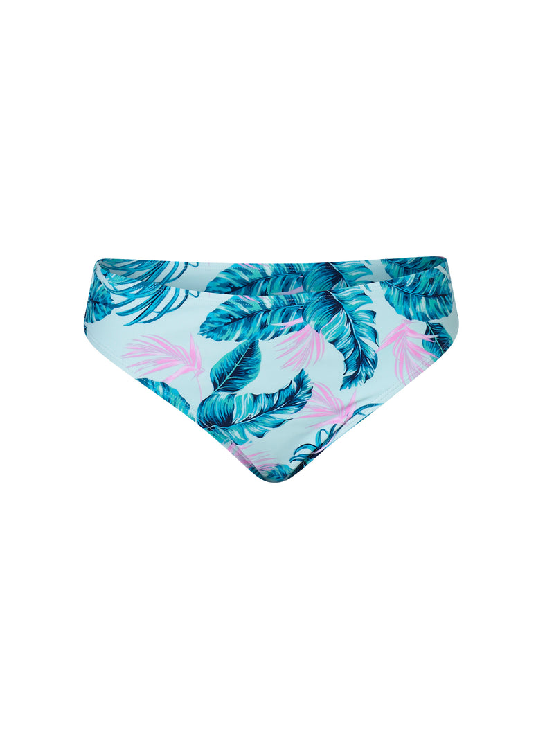 Aqua Tropical Leaf Print High Leg Brief Bikini Bottoms