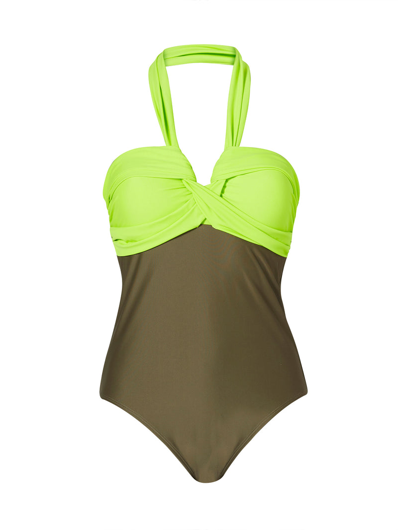 Khaki & Fluorescent Green Twist Front Swimsuit