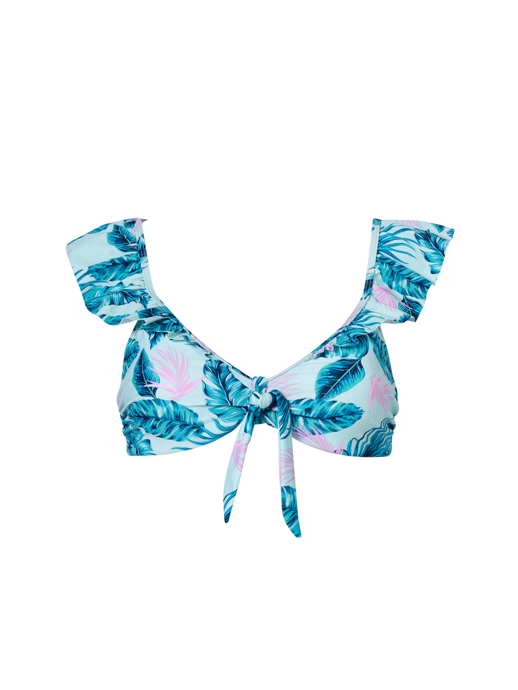 Aqua Tropical Leaf Bardot Frill Bikini Top