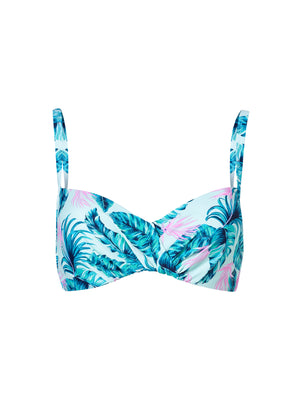 Aqua Tropical Leaf Print Underwire Crossover Bikini Top