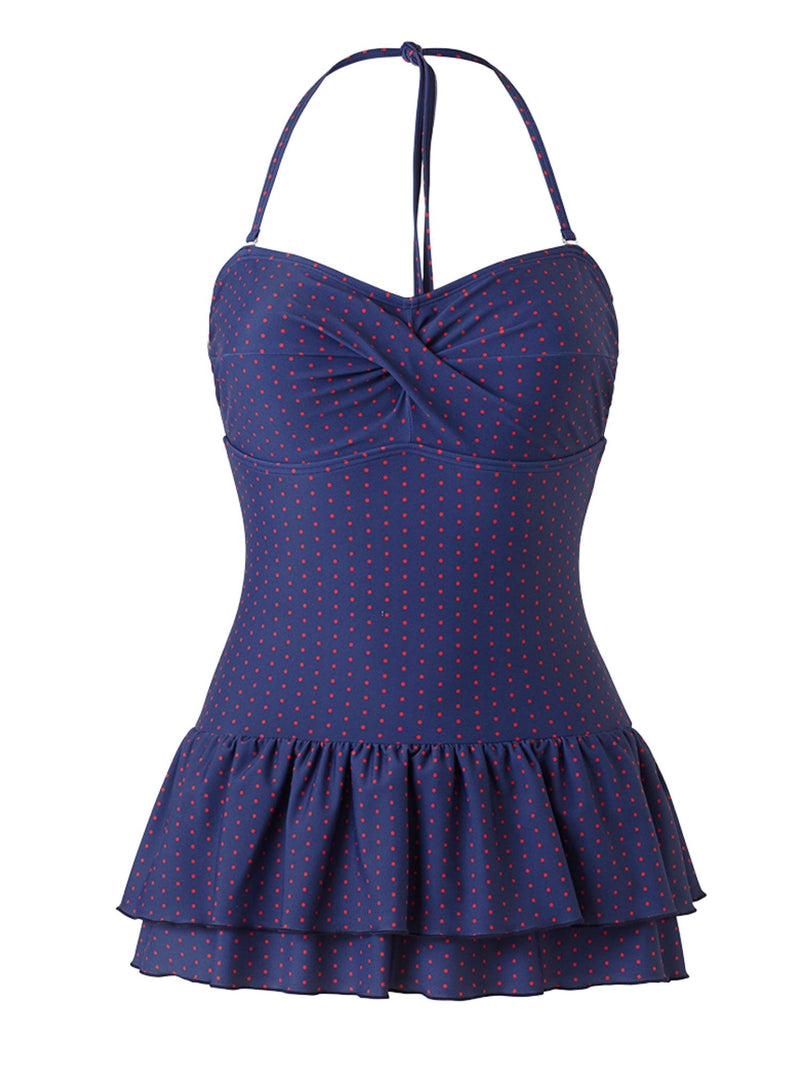 Navy & Red Polka Dot Twist Front Swim Dress