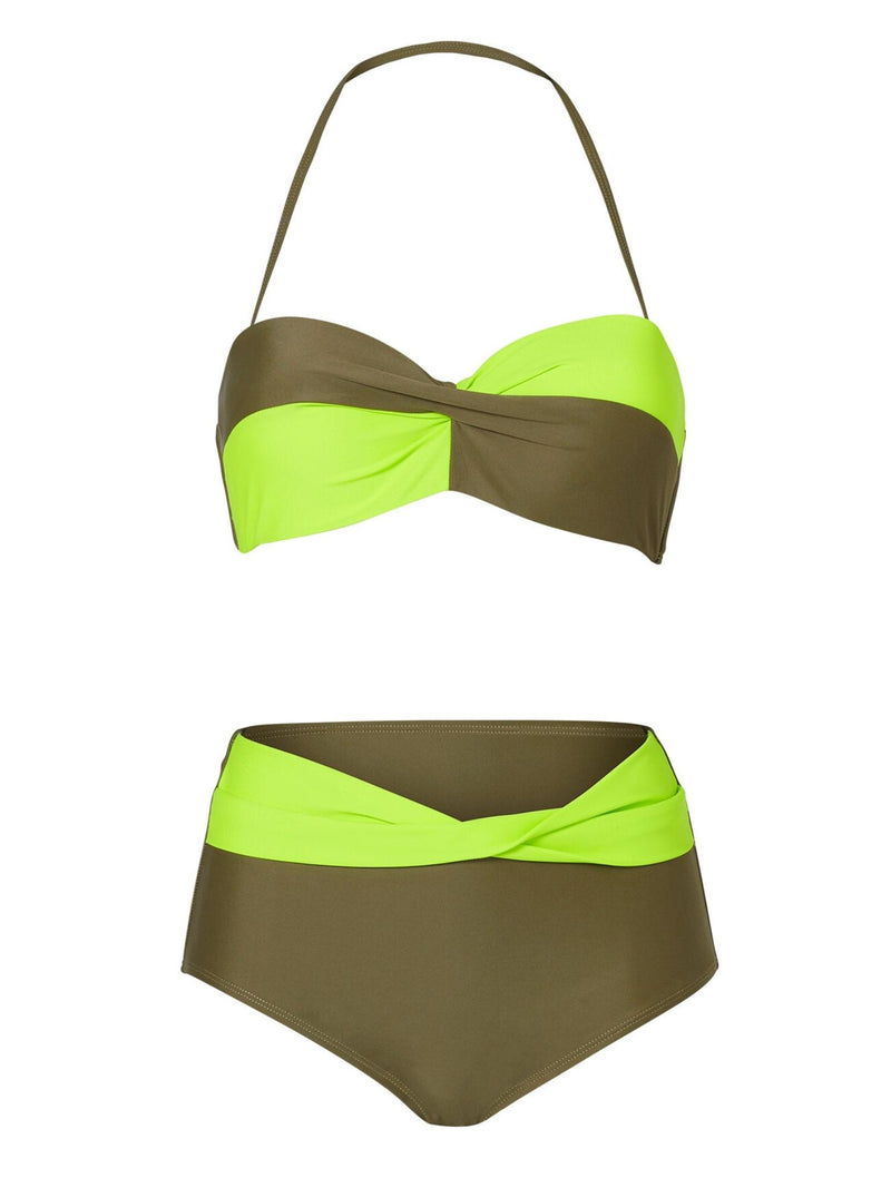 Fluorescent & Khaki Green Twist Bikini Set